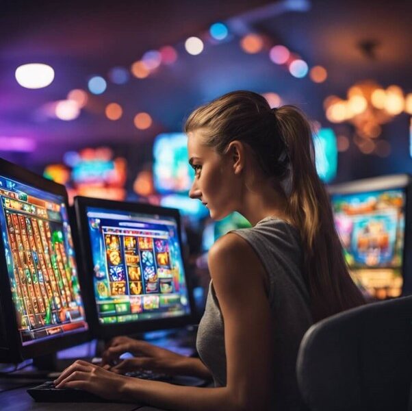 utländska casino – en illustration av en tjej som spelar på sin laptop